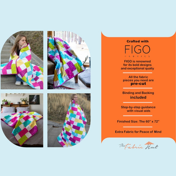 Modern Patchwork Quilt Kit - Pre-Cut with Complete Backing & Binding - 64x72'' Finished Size - Beginner-Friendly