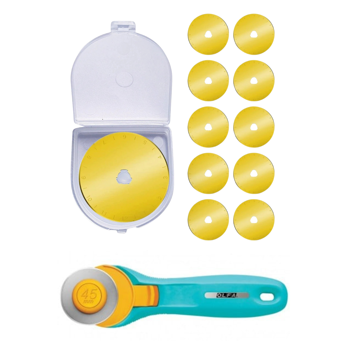 45mm Titanium Coated Rotary Cutter Blades - 10 Blades Pack + OLFA Rotary Cutter