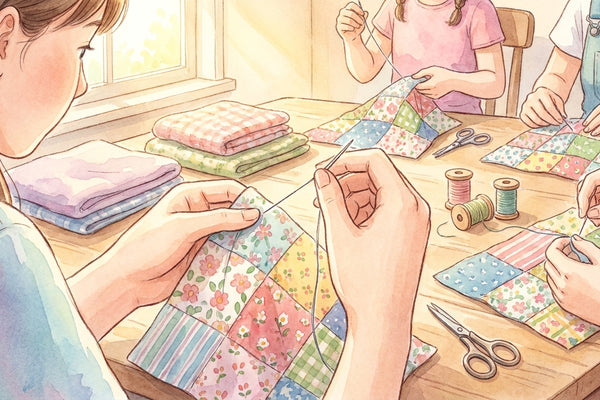 Young hands learning to quilt squares for charity baby quilts