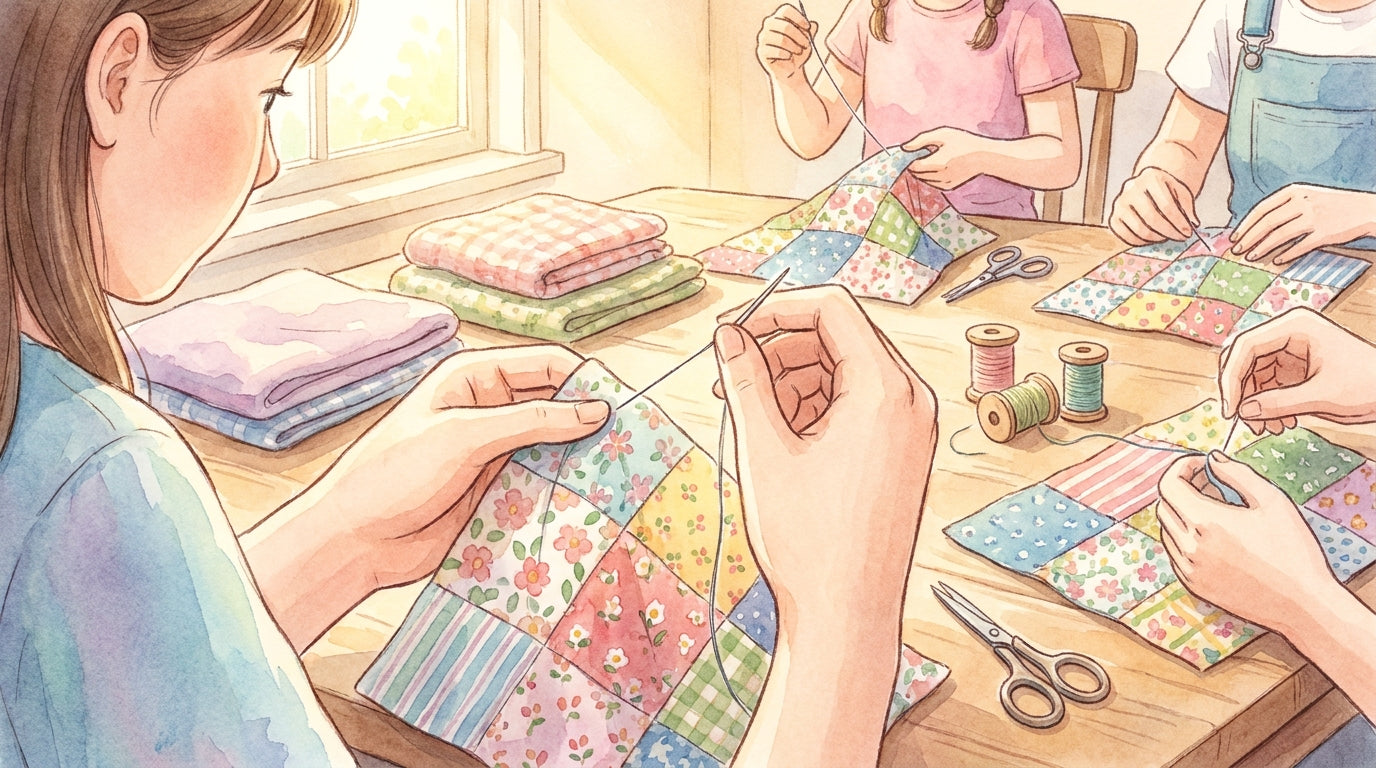 Young hands learning to quilt squares for charity baby quilts