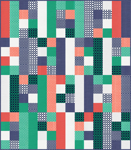 Blocka Dot quilt, a modern colour block patchwork of dot prints and solids in coral, green and navy
