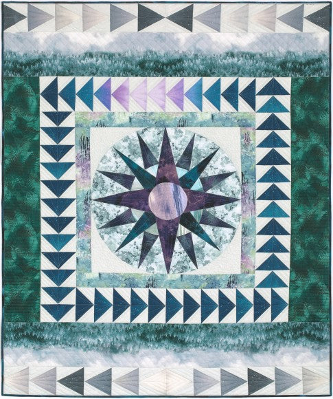 Enchanted Navigation medallion quilt with a mariner's compass star and flying geese borders in woodland tones
