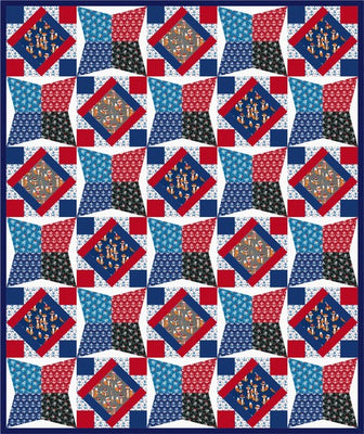 Navy, red and white quilt alternating framed fox print diamonds set on point with paper pieced blocks whose concave sides leave a sharp point at each corner