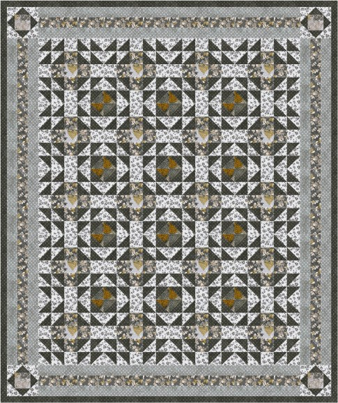 Lilypad quilt in the Onyx colourway with fan centres framed by sawtooth triangle rings in charcoal, cream and gold