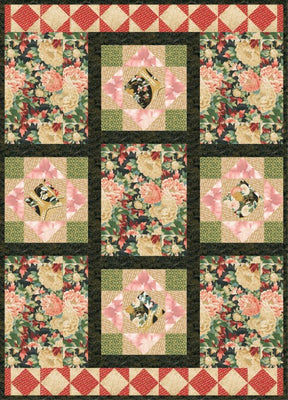 Imperial Terrace quilt with framed floral feature squares, soft pieced borders and green chequered corners