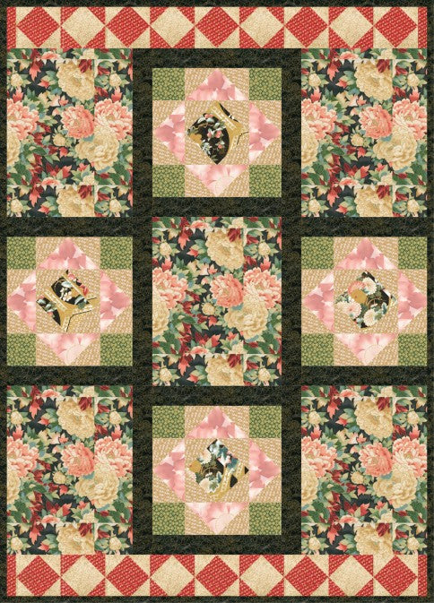 Imperial Terrace quilt with framed floral feature squares, soft pieced borders and green chequered corners