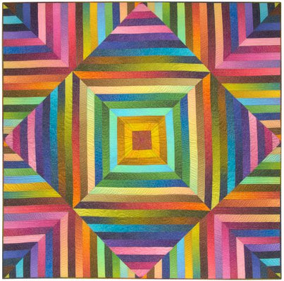 A shimmering colourful quilt made from many small pieces, finished at 70 inches square