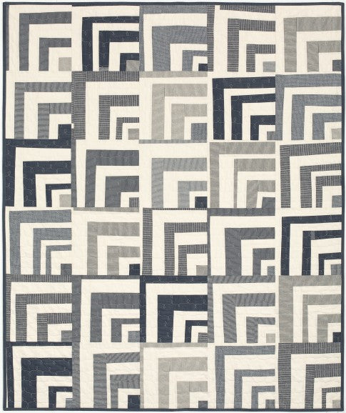 Half Way Home quilt with nested angular log cabin blocks in navy, grey and cream