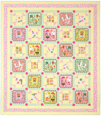 Framed Squares quilt in warm pinks and yellows, fifteen feature print squares alternating with pieced blocks, set with sashing, cornerstones and three borders