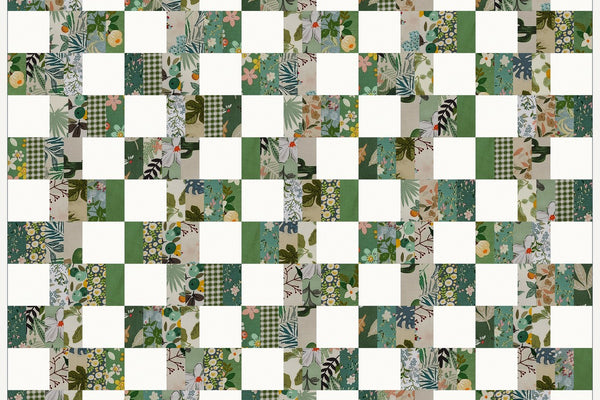 Alder quilt in Morning Mist prints and white solid, a staggered checkerboard of print bars and white squares