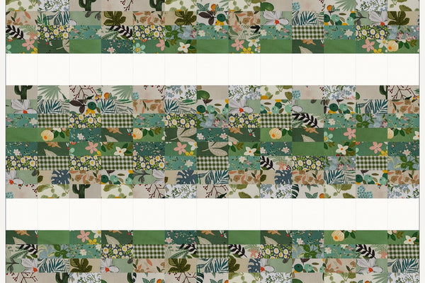 Aspen quilt in Morning Mist prints and white solid, six rows of print bands separated by white bands
