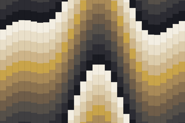 Modern bargello quilt of narrow vertical strips in cream, gold and charcoal rising and falling like a sound wave