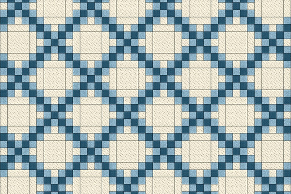 Double Irish chain quilt in a teal leaf print and a light blue dot on a cream background, eighty blocks set alternately so the chains run diagonally across the quilt