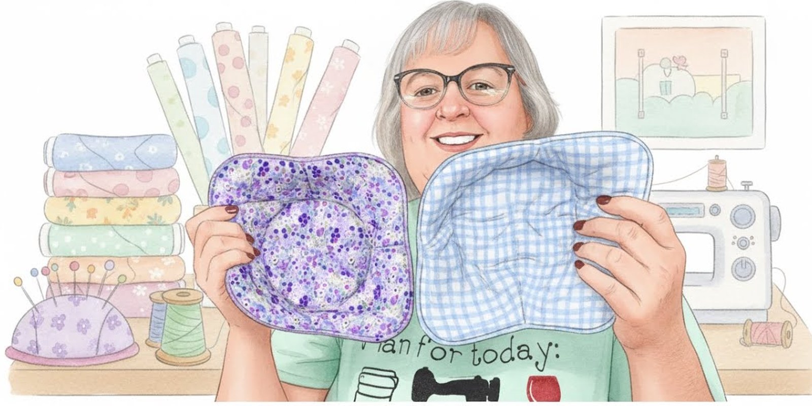 Yvonne holding up two finished quilted bowl cozies, one in a purple floral print and one in blue gingham, in a sewing room