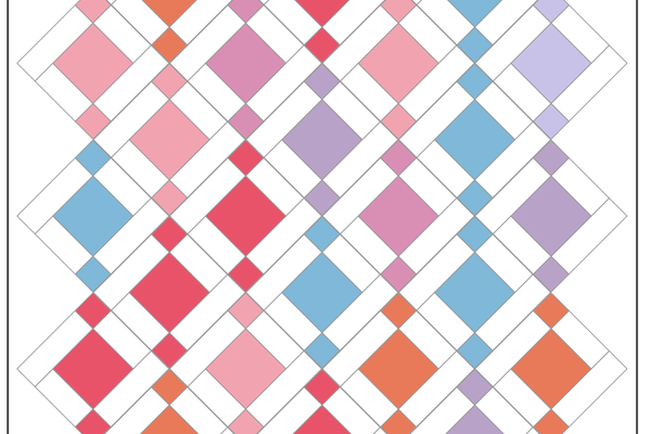 Chandelier quilt in the throw layout, thirty two blocks on point, each a print square with two small squares of the same print at opposite corners, in pink, coral, lavender and blue on a white background