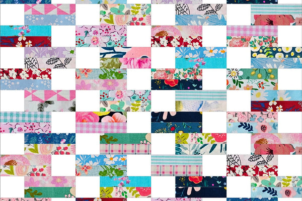 Cherry Blossom mini strip quilt, sixty units of two floral print strips and a white square, set four across and fifteen down so the white squares stagger row by row