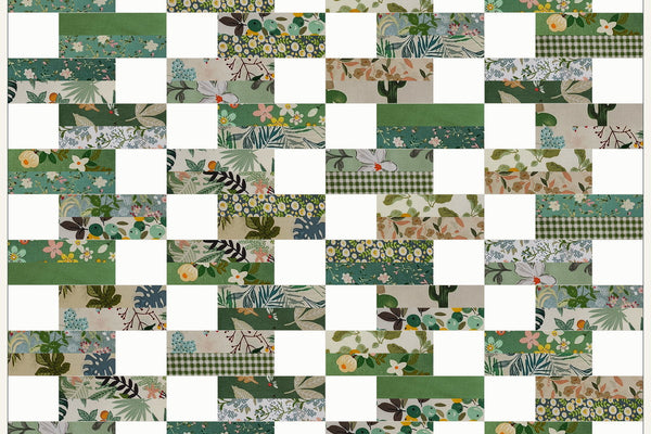 Cherry Blossom quilt in Morning Mist prints, sixty blocks of two green strips and a white square staggering from row to row