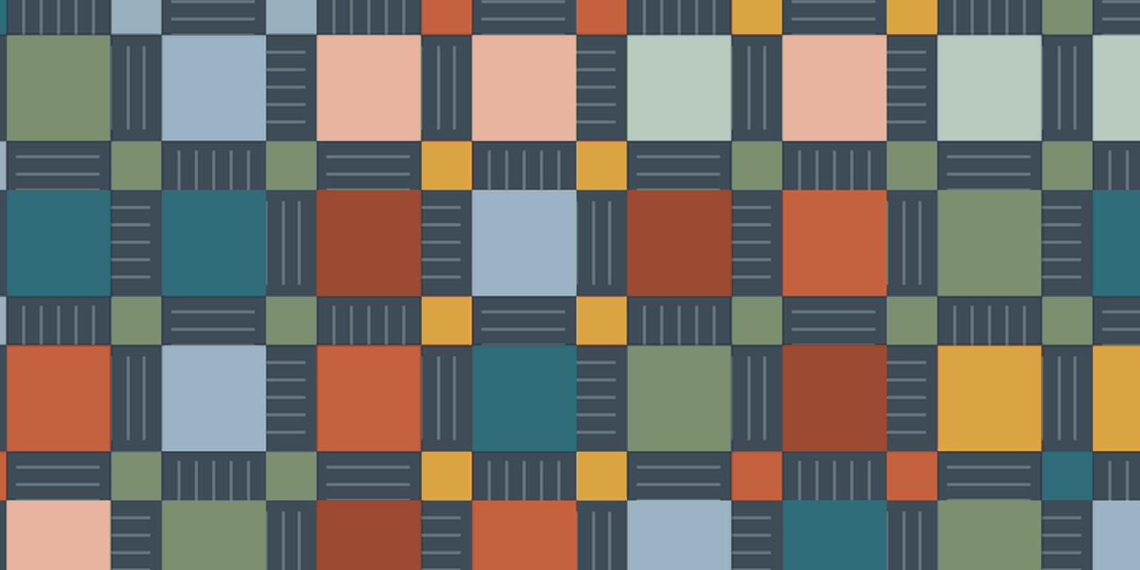 Quilt top made of disappearing nine patch blocks in terracotta, mustard, sage and teal against a dark neutral fabric