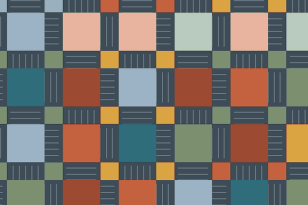 Quilt top made of disappearing nine patch blocks in terracotta, mustard, sage and teal against a dark neutral fabric