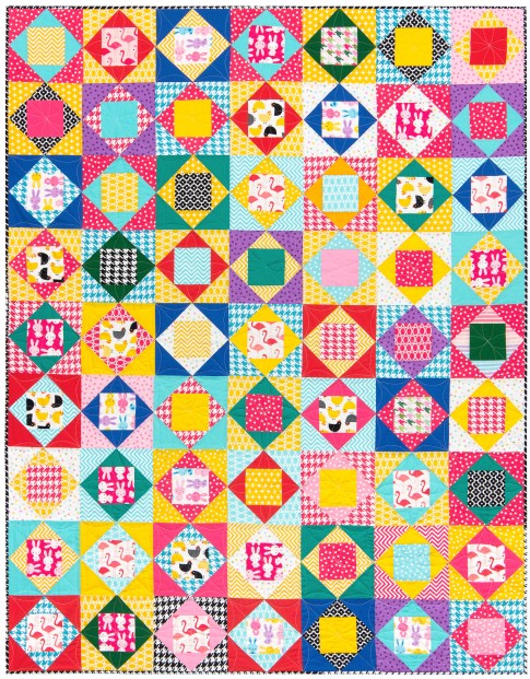 Playful Animals free quilt pattern made with bright novelty prints and solids