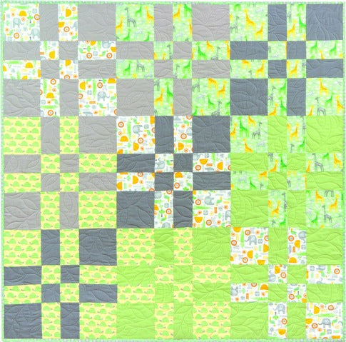 Four Patch Flip quilt in the nature colorstory, 49 inches square, nine disappearing four patch blocks in green, grey and yellow