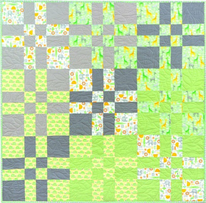 Four Patch Flip quilt in the nature colorstory, 49 inches square, nine disappearing four patch blocks in green, grey and yellow
