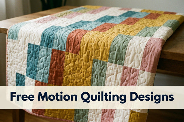 Free motion quilting stitched across a quilt, the line running continuously over the seams