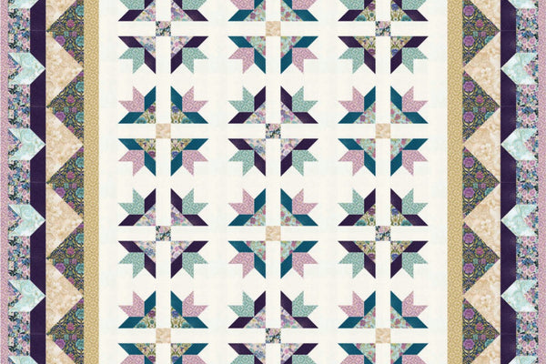 Grand Gardens quilt, twelve eight point star blocks in teal and purple diamonds on an ivory background, with a pieced sawtooth outer border