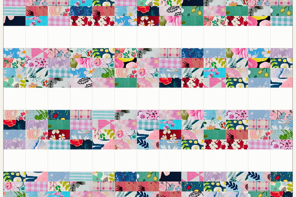 Hazel quilt in Blossom Breeze prints, five rows of strips and white squares all facing the same way with a last row of strips and no squares