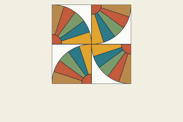 fan quilt block with five blades forming a quarter circle in the corner of a background square
