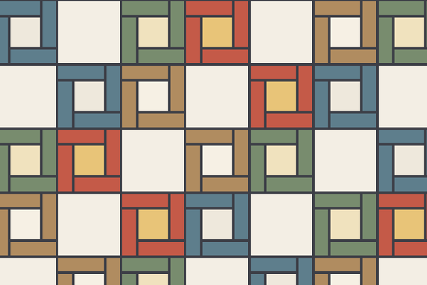 A field of partial seam quilt blocks in terracotta, teal, gold and cream, each a center square framed by four rectangles, with plain squares between them