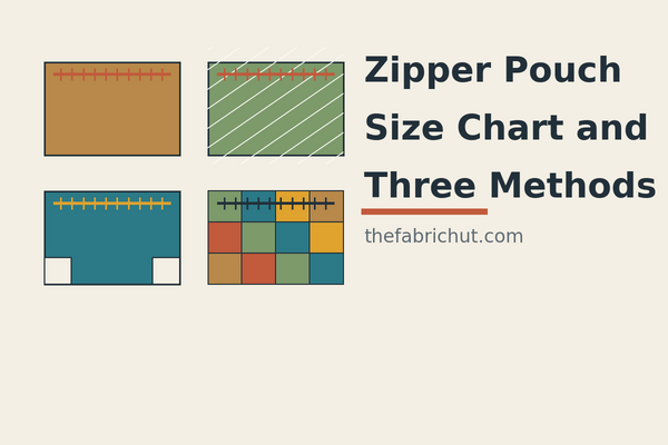 zipper pouch size chart and three methods, four pouch diagrams on a cream background