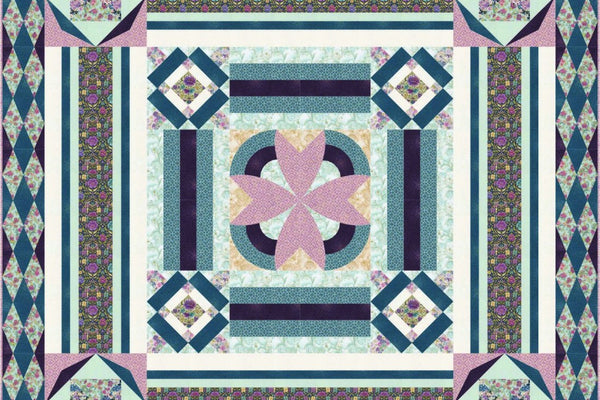 Huntington medallion quilt, a pink curved flower at the center framed by striped borders, pieced corner blocks and an outer row of teal and floral diamonds