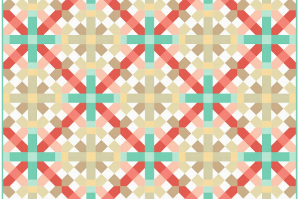 Lattice quilt 2016 by Robert Kaufman in ten Kona solids, diagonal coral and khaki bands crossing on white with seafoam crosses