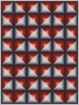 Marsala log cabin quilt in warm wine reds and soft greys with small salmon centres