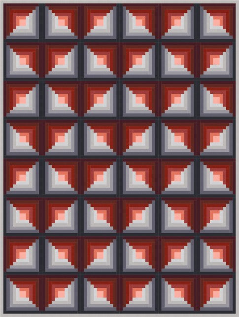 Marsala log cabin quilt in warm wine reds and soft greys with small salmon centres