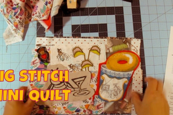 Big stitch mini art quilt mug rug, a perfect weekend project