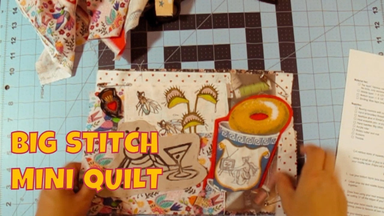 Big stitch mini art quilt mug rug, a perfect weekend project