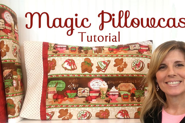 Jennifer Bosworth holding a finished magic pillowcase in three coordinated fabrics, with no visible seams on the cuff