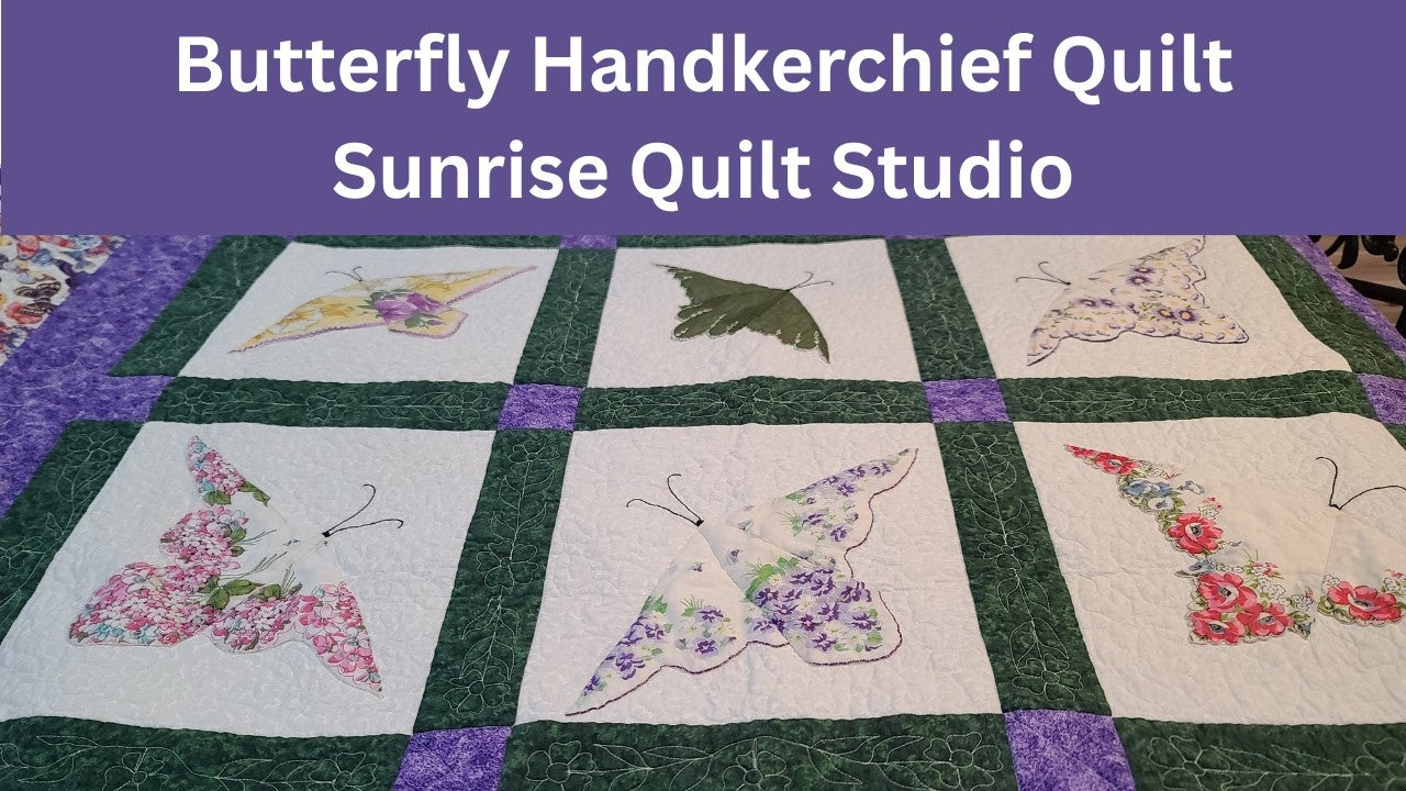 Vintage handkerchiefs appliqued into butterfly quilt blocks