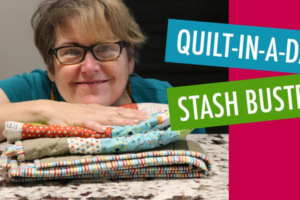 Karen Brown holding a finished beginner quilt made from fat quarters, title card for her fast and easy stash buster tutorial