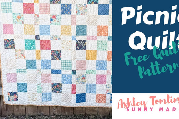 A quick and easy picnic quilt, free layer cake quilt pattern, video by Ashley Sunny Made