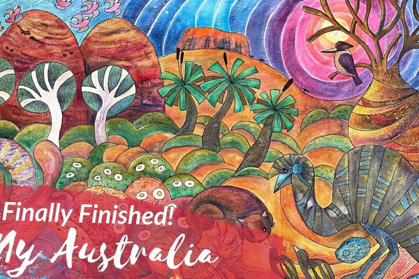 Helen Godden's My Australia quilt, a painted Australian landscape covered in dense free motion quilting
