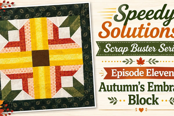 Lori Dickman's Autumn's Embrace block, a gold cross over orange and cream petals with green corner triangles and a dark green border