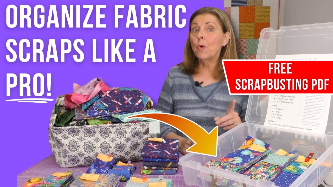 Leftover fabric pieces being cut down to useful squares and strips on a cutting mat