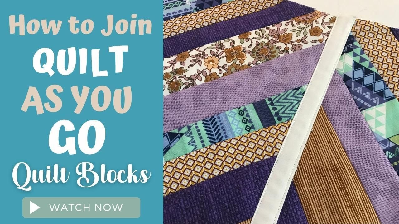 Two quilted blocks being joined with sashing strips caught in the same seam, front and back