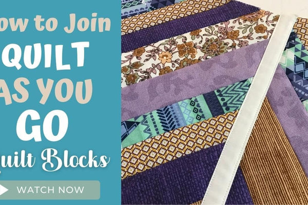 Two quilted blocks being joined with sashing strips caught in the same seam, front and back