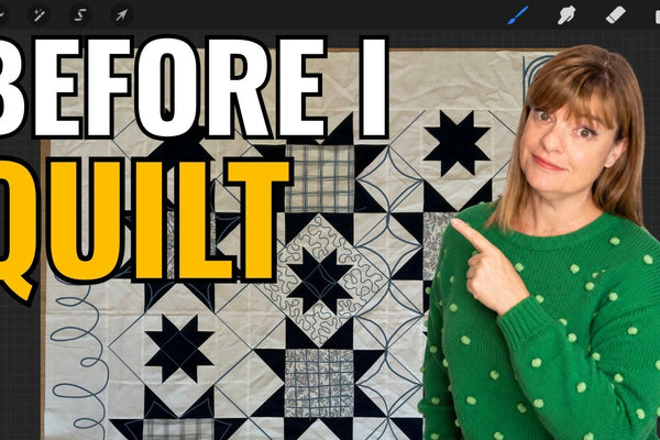 a navy and white star quilt with quilting designs sketched over a photo in Procreate
