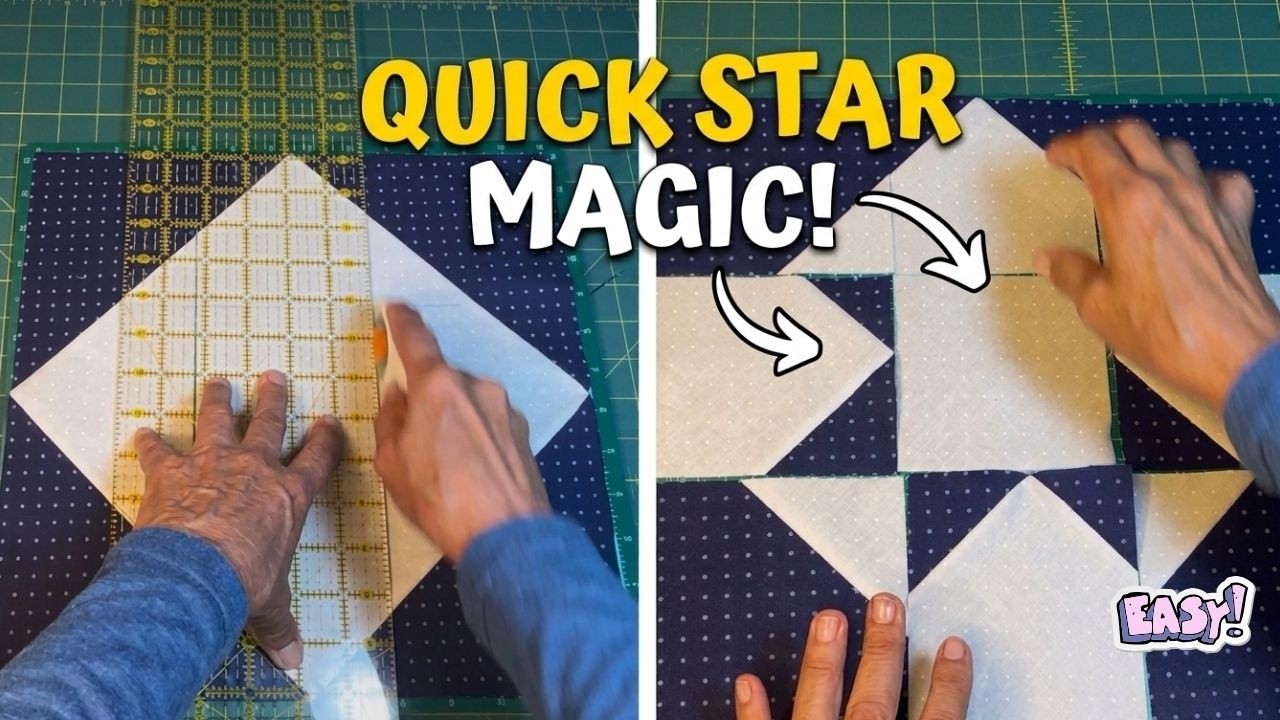 Quick star quilt block sewn from 10 inch layer cake squares