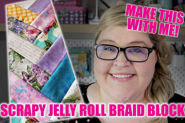 a scrappy French braid quilt block pieced from jelly roll strips and trimmed to fifteen by six inches
